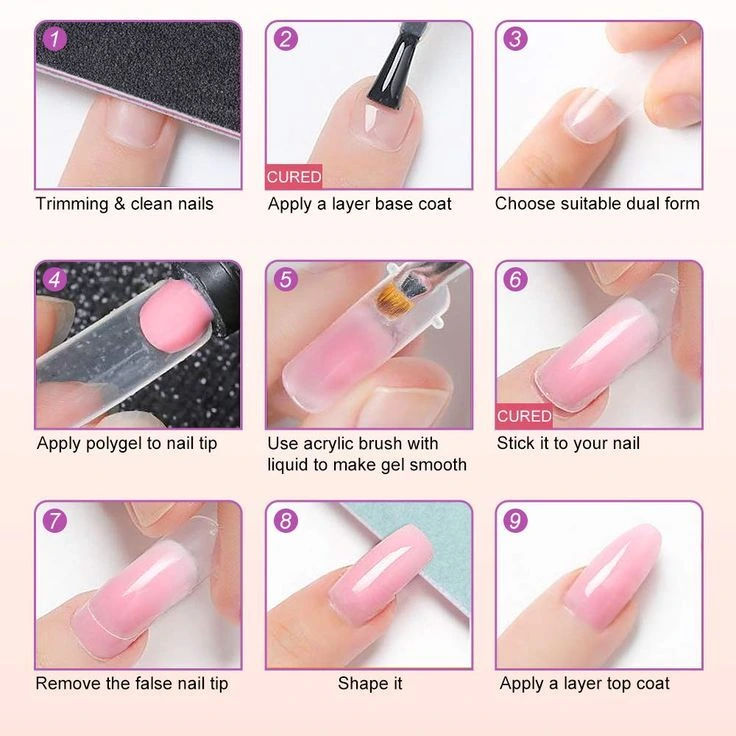 pasos para aplicar uñas polygel, desde la preparación y aplicación del polygel hasta el curado, limado y finalización con un top coat brillante.