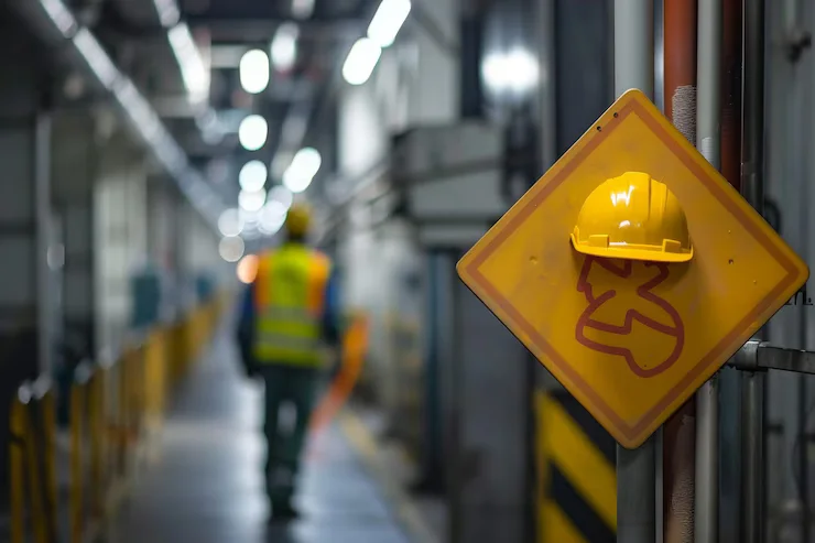 Señal de advertencia de riesgos laborales en un entorno industrial.