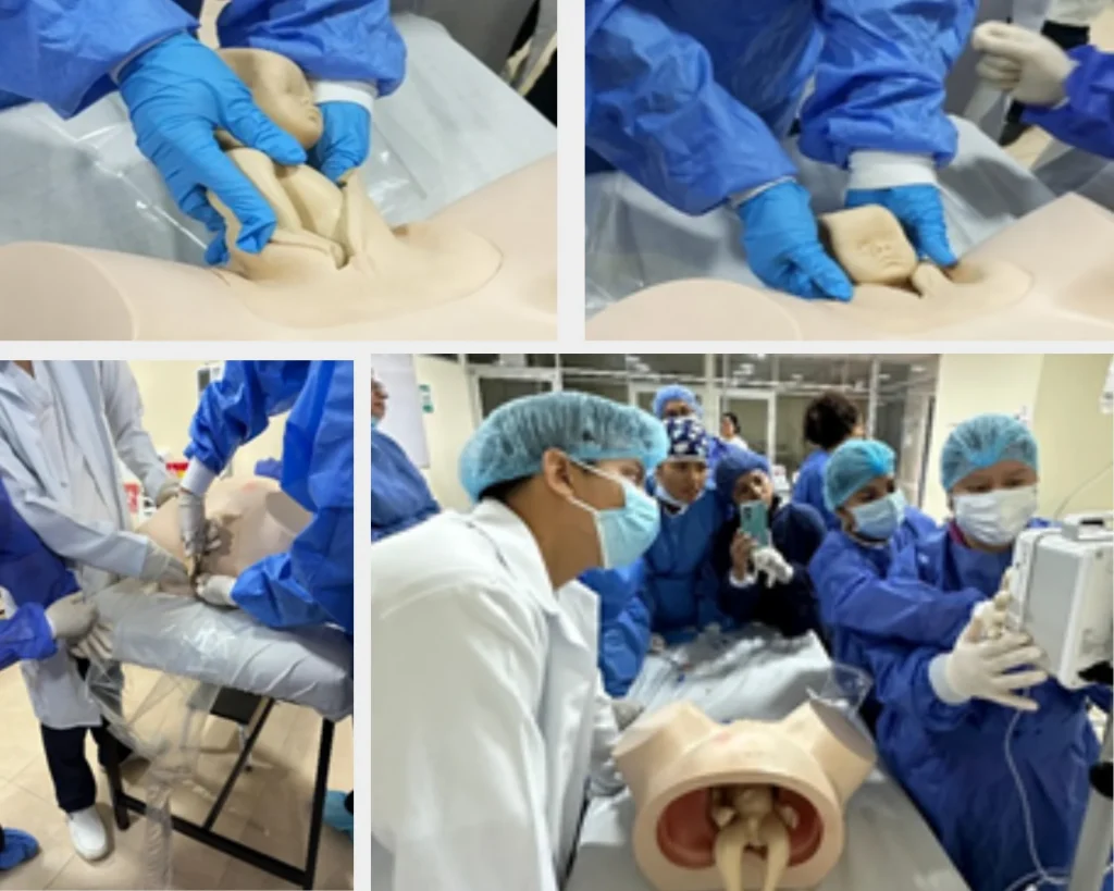 Estudiantes de enfermería practican técnicas de parto con el fantoma obstétrico en un entorno seguro.